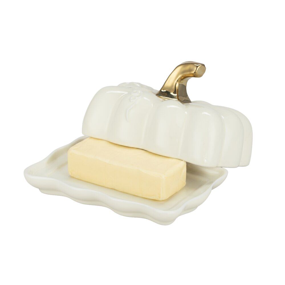 Beurrier céramique forme citrouille blanc et doré 15x8xH10cm