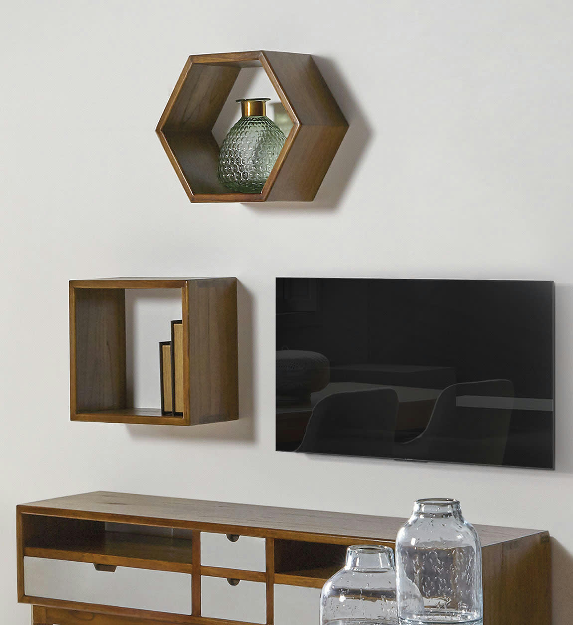 ARTIC - Étagère murale hexagonale en bois marron L 40