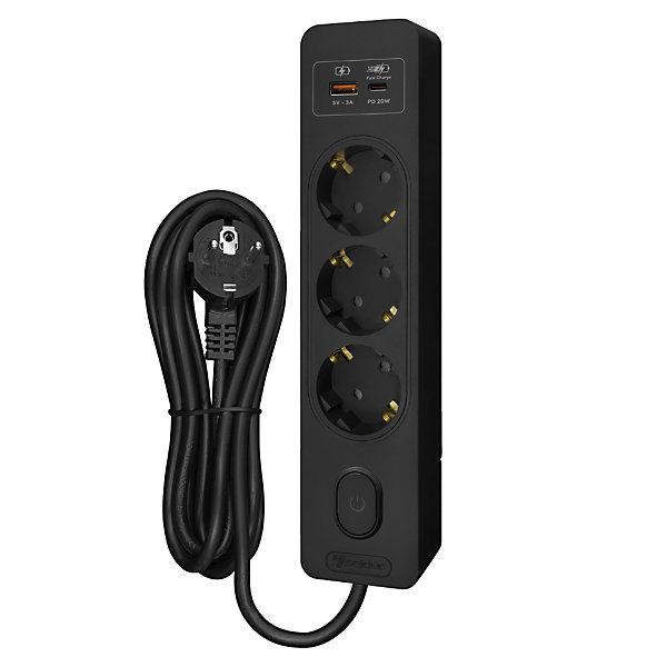 Multiprise SELDUR G3TH12S, 3 prises type F   interrupteur, USB A C charge rapide 20W, Noir, câble 1.5m