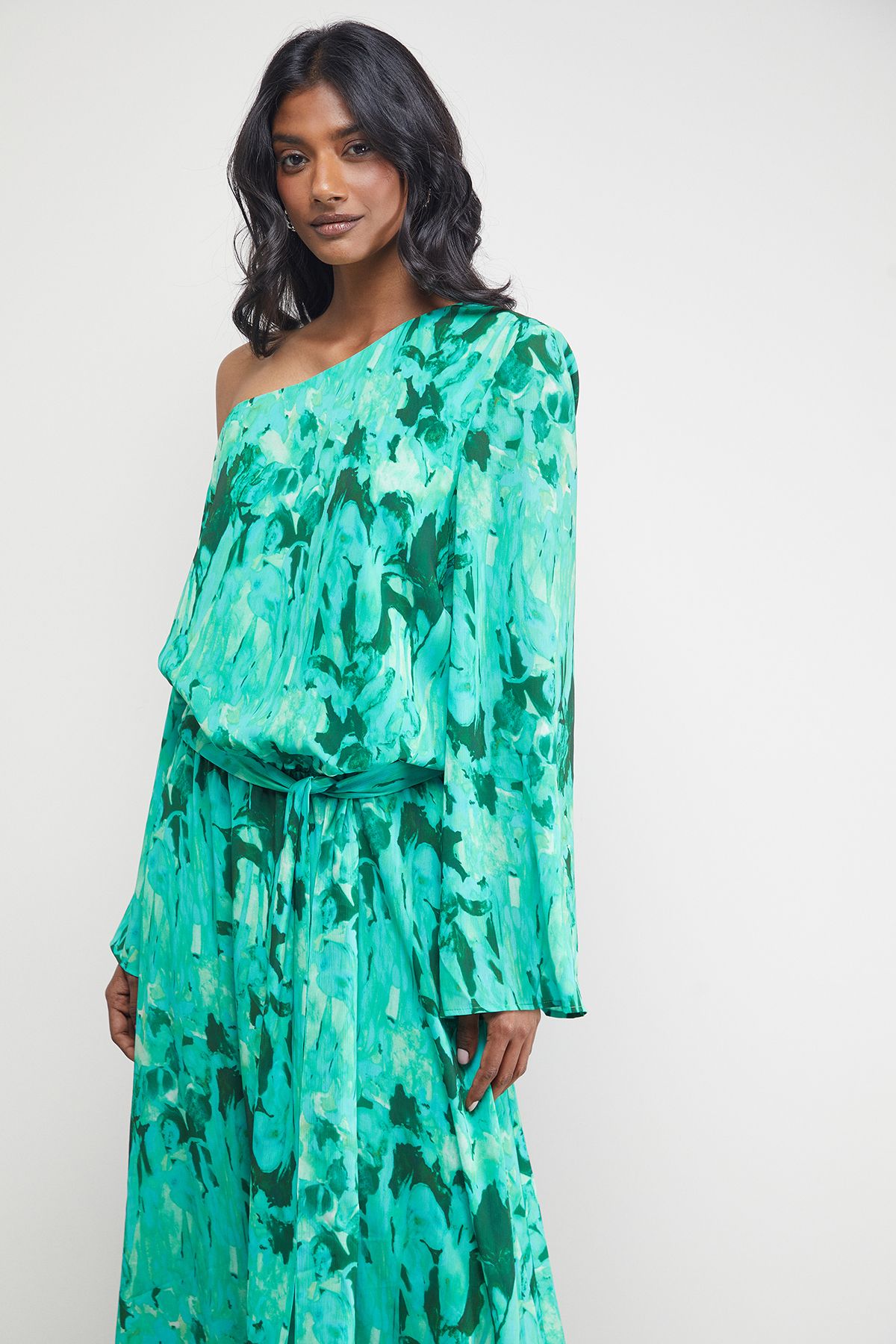 Warehouse Crinkle Chiffon One Shoulder Drop Waist