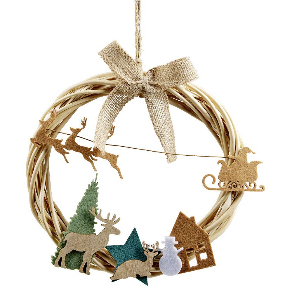 Couronne de No&euml;l en bois avec rennes et traÎneau Ø26cm