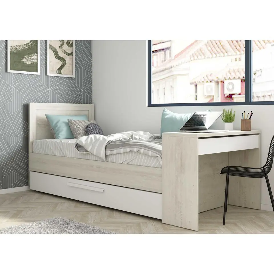 Bed Shipley 90x200 met bureau en bedlade - grenen/ wit