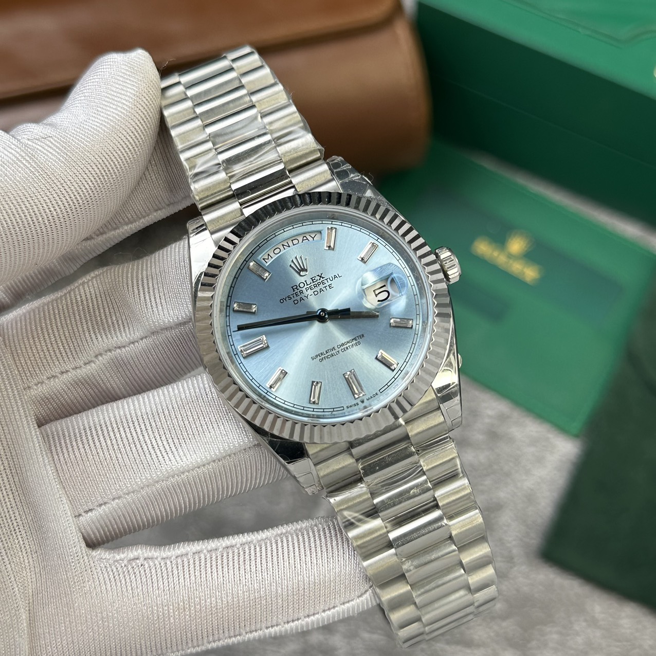 Rolex Day-Date 228236 904L Steel Ice Blue Dial CZ Diamonds 40mm Super Clone