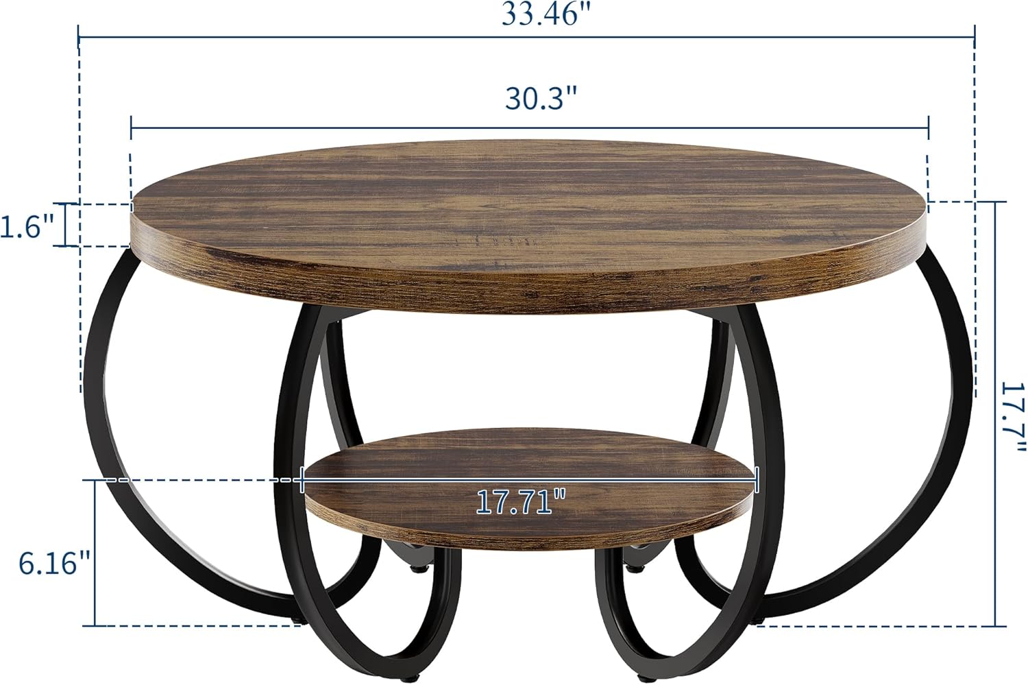 GarveeHome Round Coffee Table 30 in Center Table, 2-Tier Coffee Table Industrial Center Tables with Adjustable Feet, Living Room Tables with Storage Shelf and Designed Wood Grain, Easy Assemble