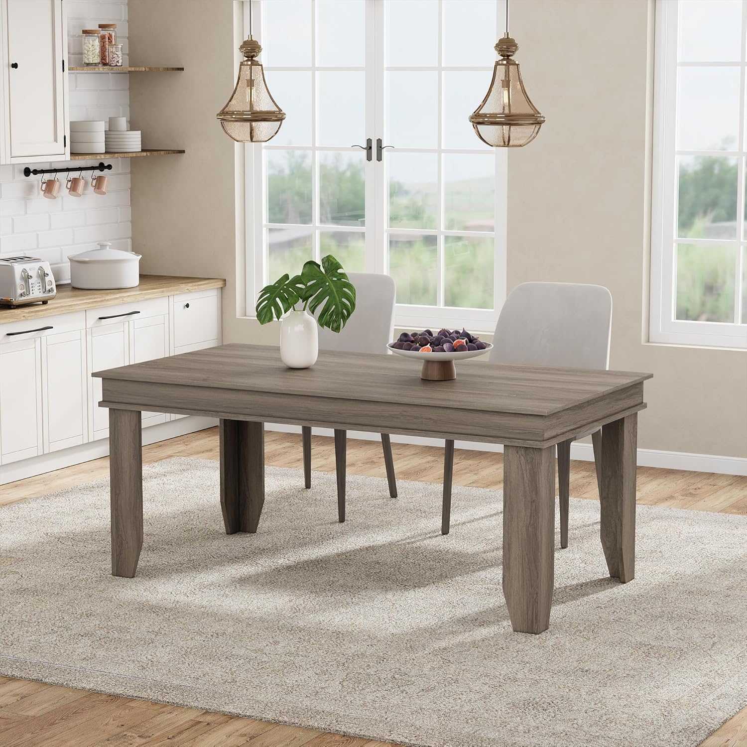 GarveeHome Farmhouse Dining Table for 4-6 People, 63 in Long Kitchen Tables with Wooden Sturdy Frame, 5 ft Large Rectangular Dinner Table for Dining Room, Kitchen, Grey Walnut, 63 Non-extendable