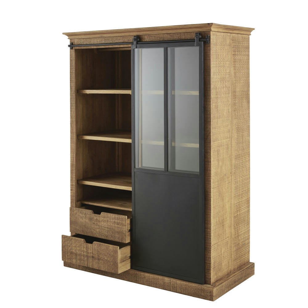 Germain - Armoire 2 portes coulissantes en manguier massif et métal noir