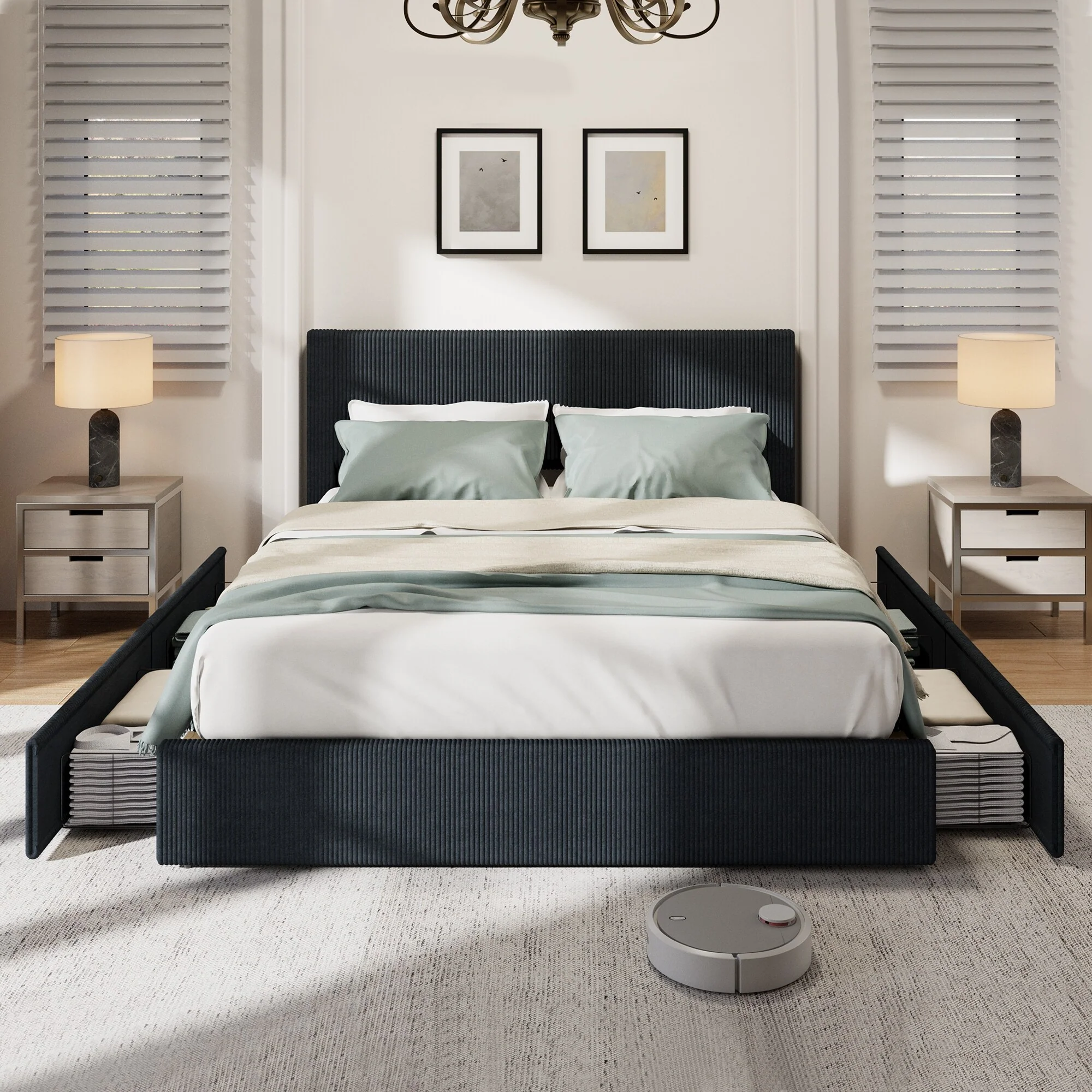 Full Size Bed Frame with 4 Storage Drawers, Platform Full Bed Frame with Upholstered Channel Tufted Wingback Headboard