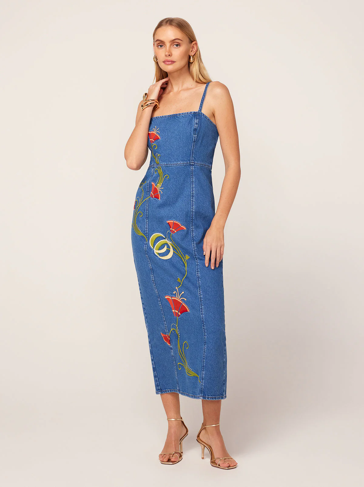 Ursula Embroidered Denim Midi Dress