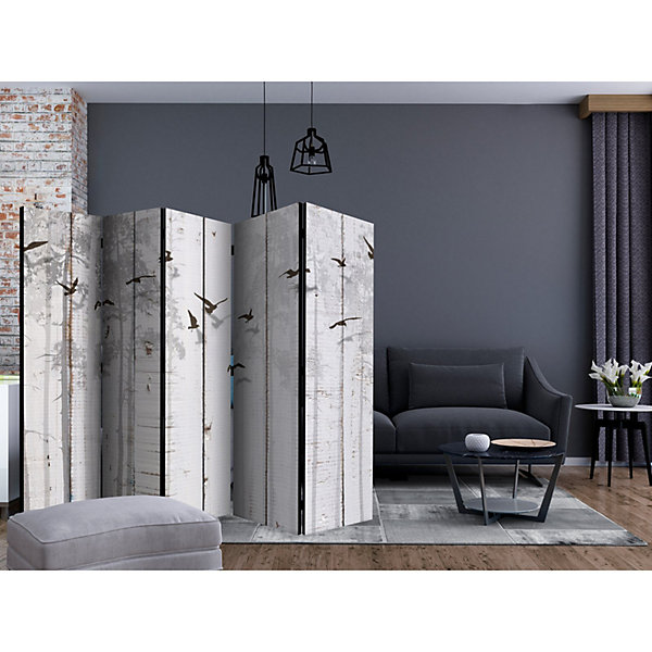 Paravent Décoratif Oiseaux et Bois - élégance et Style 225 x 172 cm Gris et Noir