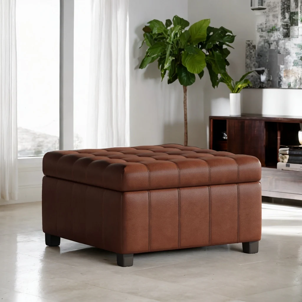 Isabella Faux Leather Ottoman, Button-Tufted, Storage