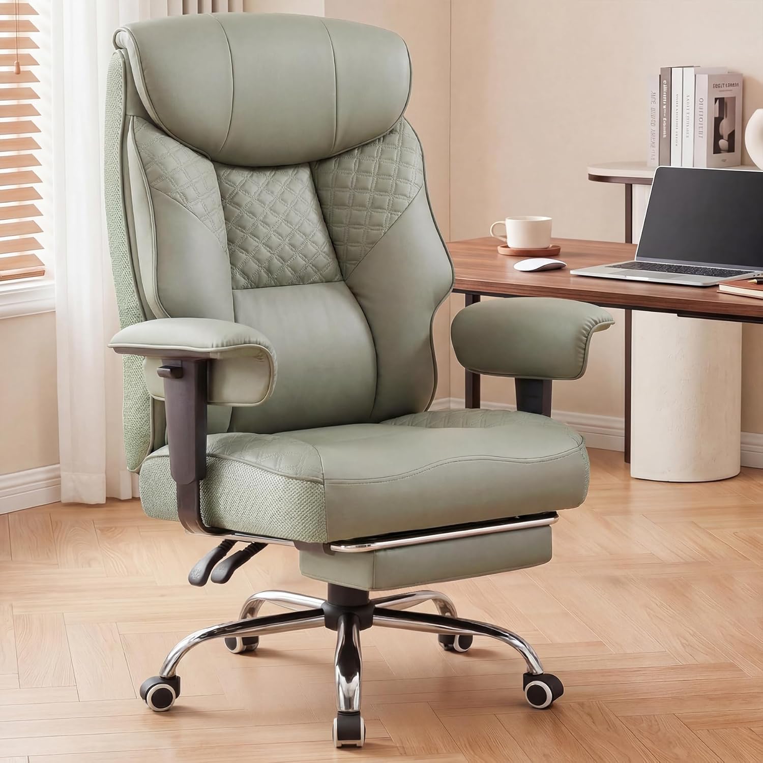 GTPLAYER Big and Tall Office Chair, High Back Computer Gaming Chair with Ergonomic Lumbar Support &Pocket Spring Cushion for Lower Back Pain Relief, Leather Executive Chair with Foot Rest, Green