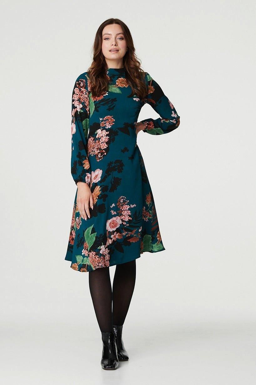 Izabel London Floral Long Sleeve High Neck Midi Dress