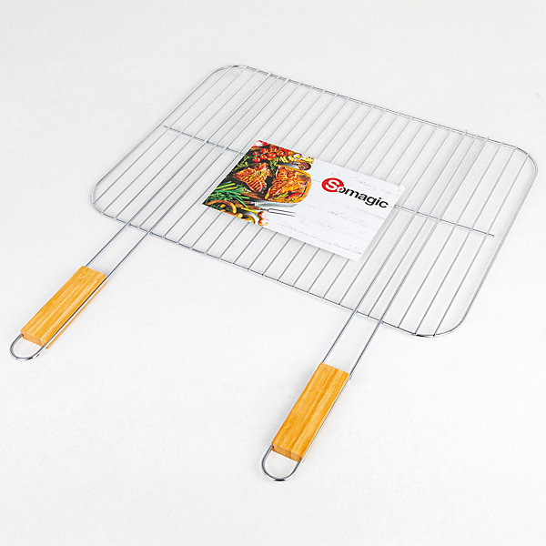 Grille pour barbecue en acier chromé avec manches en bambou Somagic 51 x 38 cm