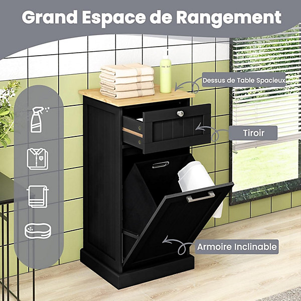 Meuble Salle de Bain avec Panier à Linge avec Tiroir Armoire Inclinable Panier à Linge 38L Noir