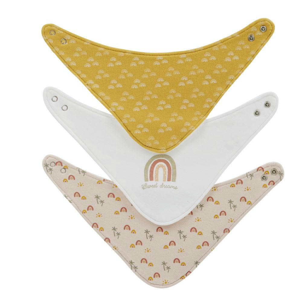 MALAGA - Bavoirs bandanas en coton rose, jaune, écru et doré (x3)