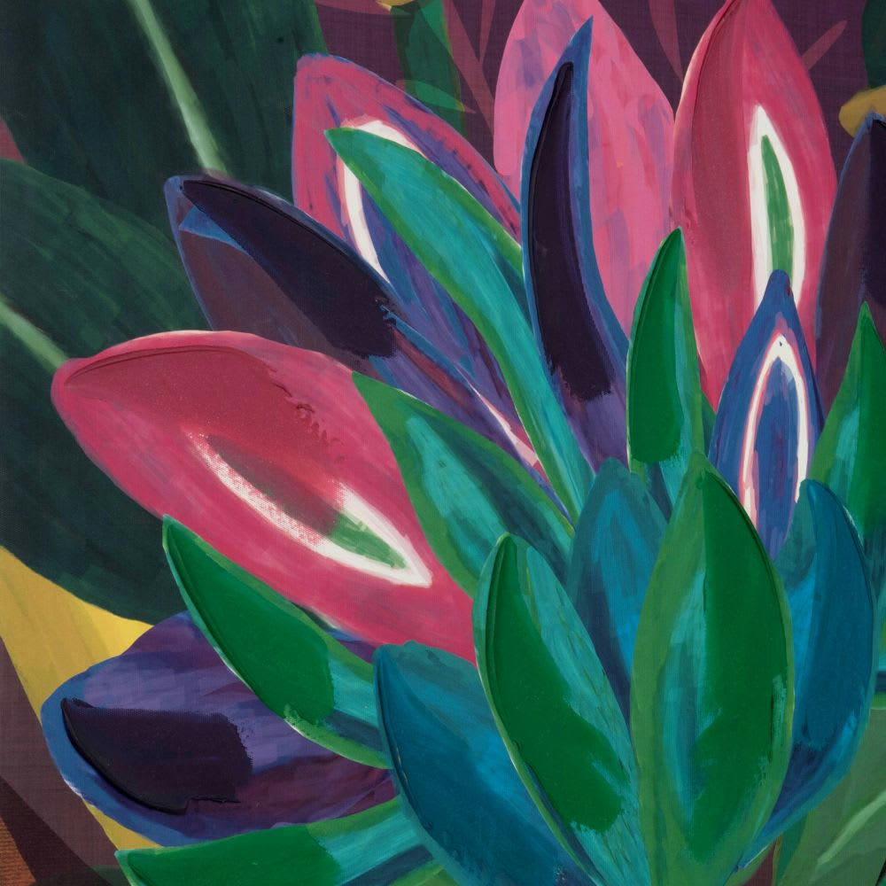 - Toile imprimée et peinte verte, jaune, violette et rose 72x92