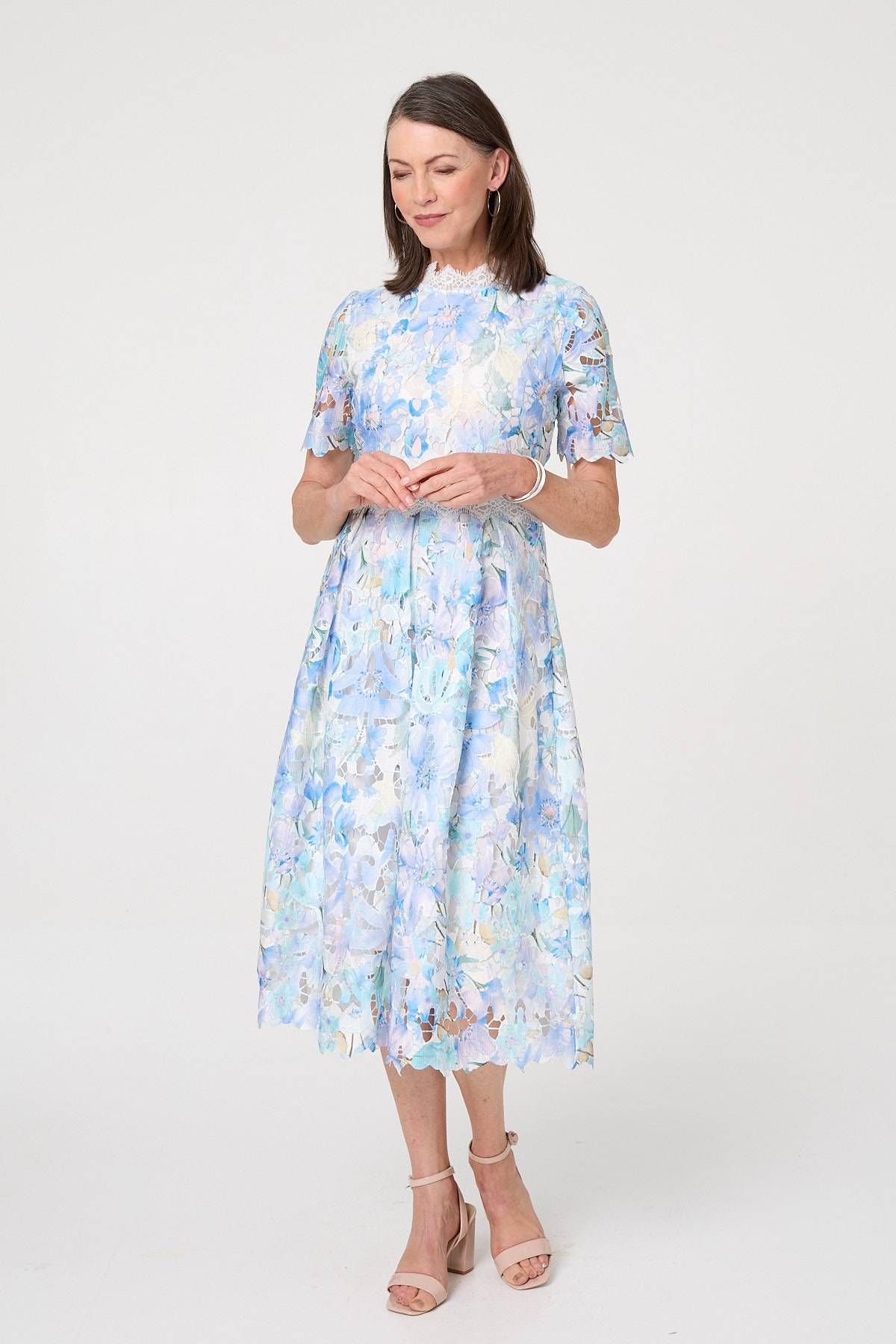 Izabel London Floral Semi Sheer Lace Layer Midi Dress