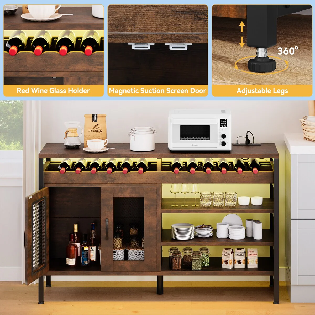 Moasis 55 Industrial Coffee Bar Cabinet with Led Lights and Power Outlets - 55L x 15.7W x 29.5H