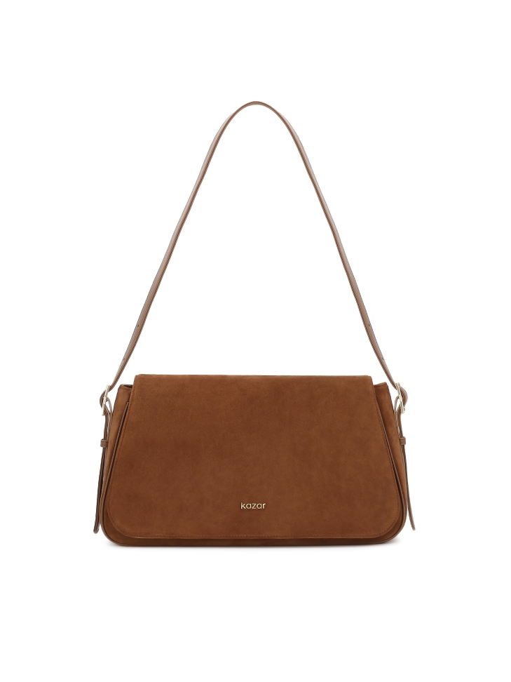 Light brown suede handbag with KAZAR logo.