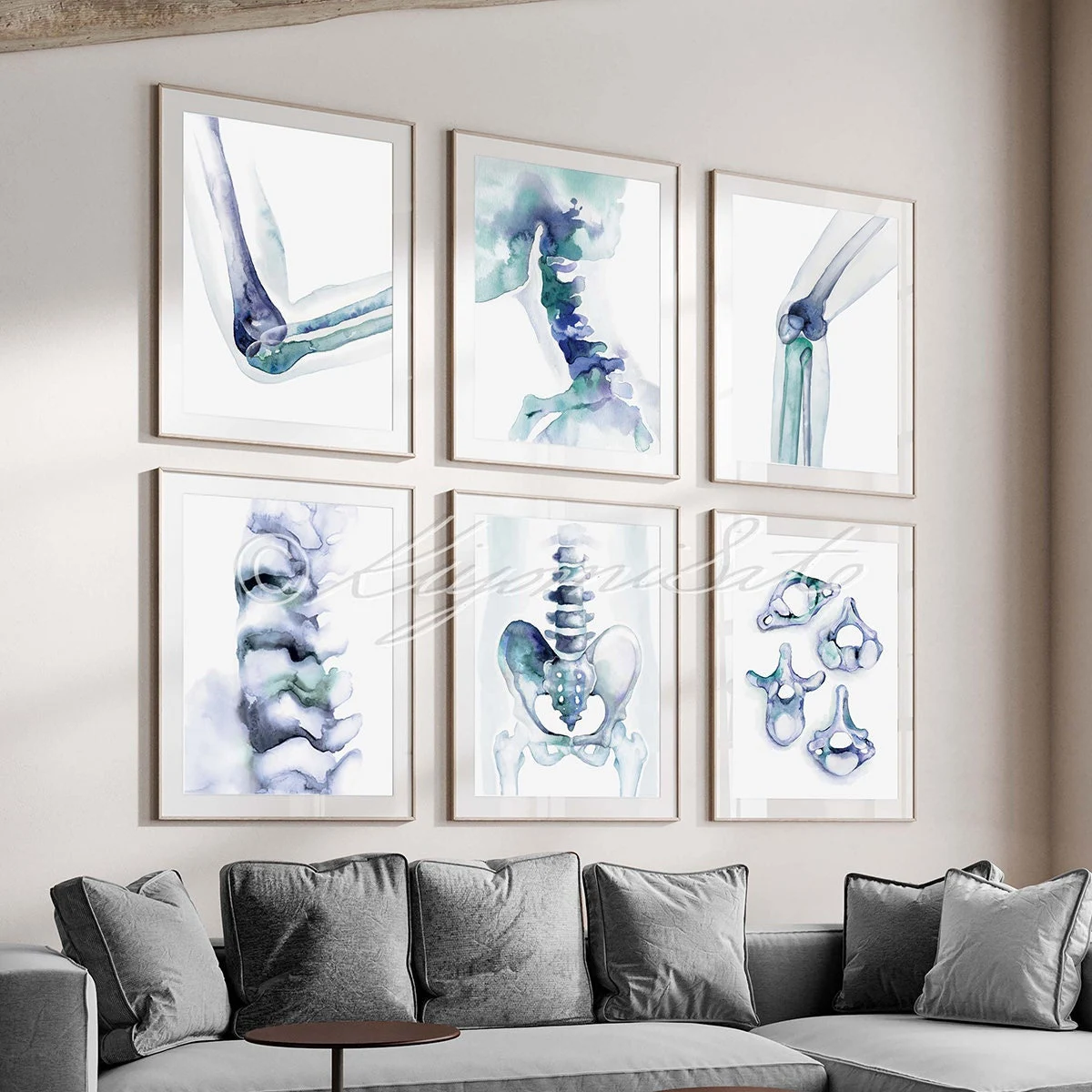 Orthopedics Abstract Blue Art poster set of 6, Chiropractic Office Decor Art, Human Anatomy Watercolor Art, Vertebrae Spine Art