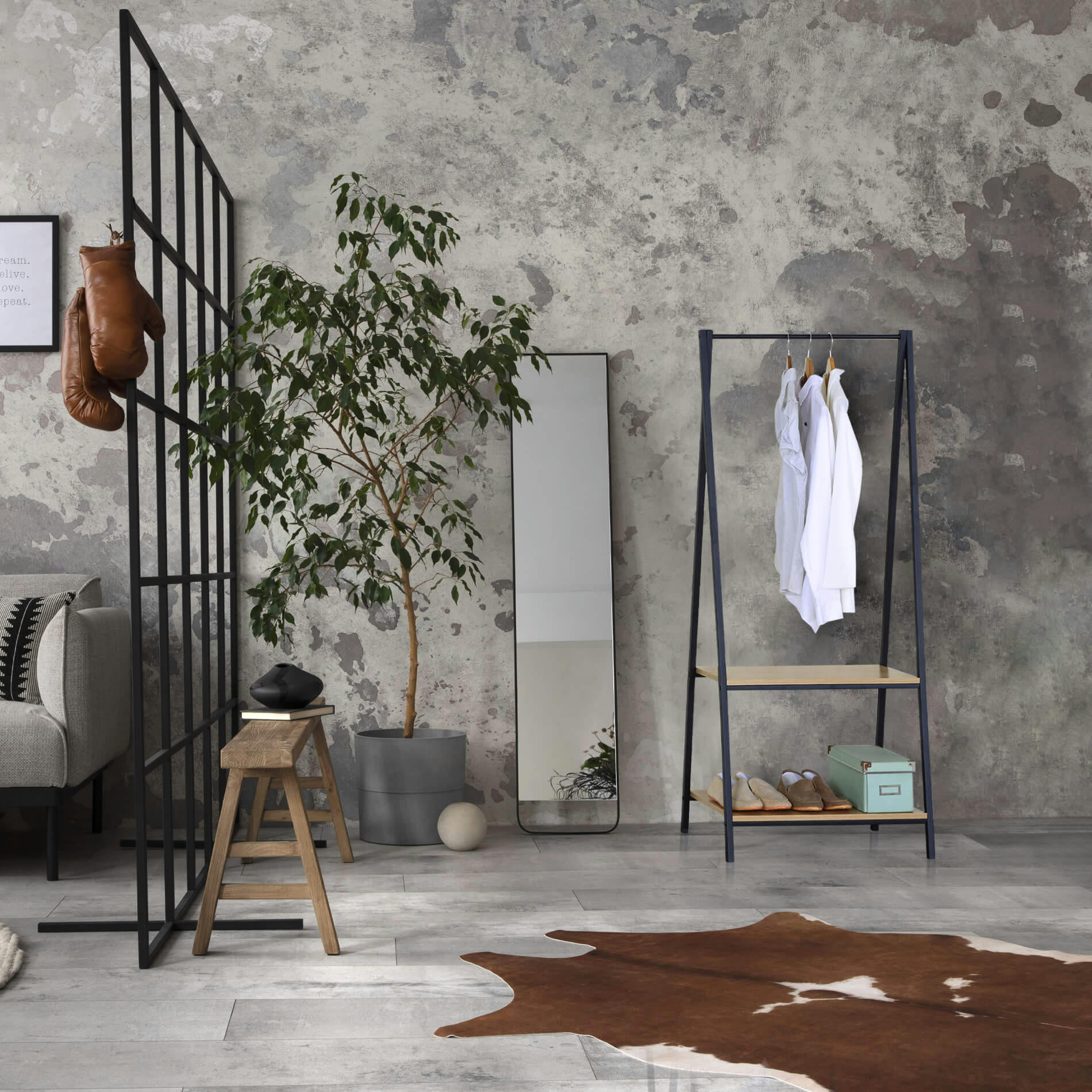 - Portemanteau avec 2 étagères en métal et aggloméré noir et beige