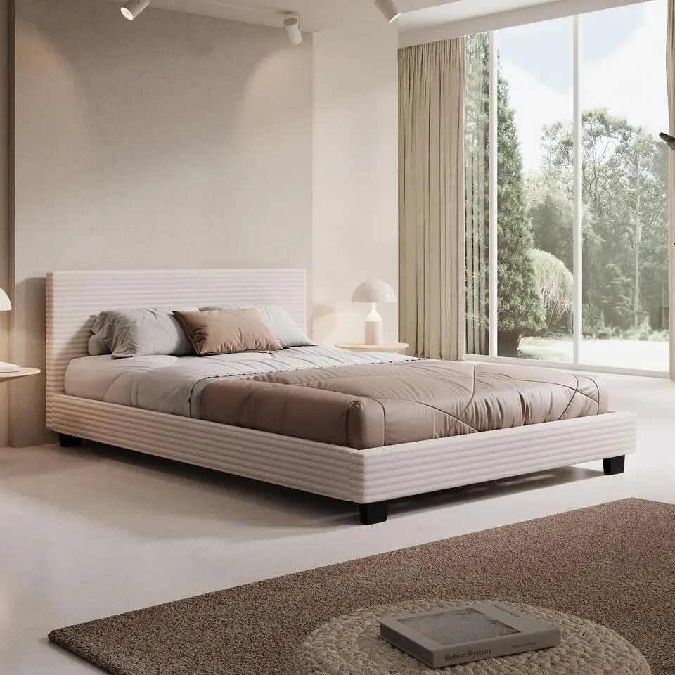 Meubella - Tweepersoonsbed George - Beige ribstof - 140x200 cm