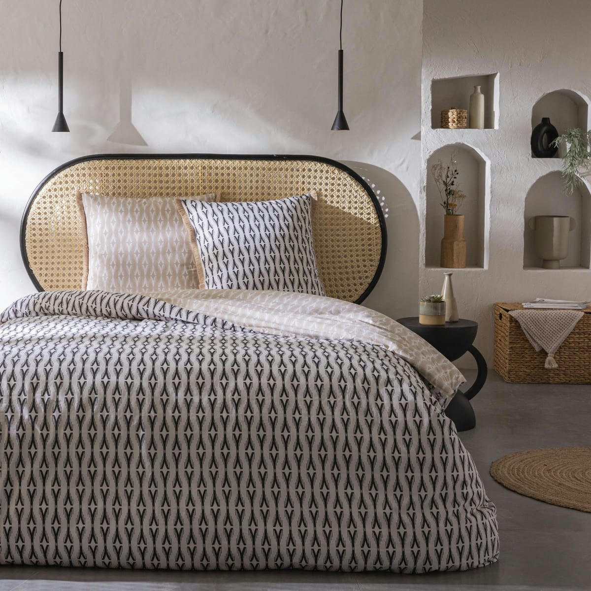 NILS - Parure de lit 2 personnes coton  imprimé beige 260x240cm