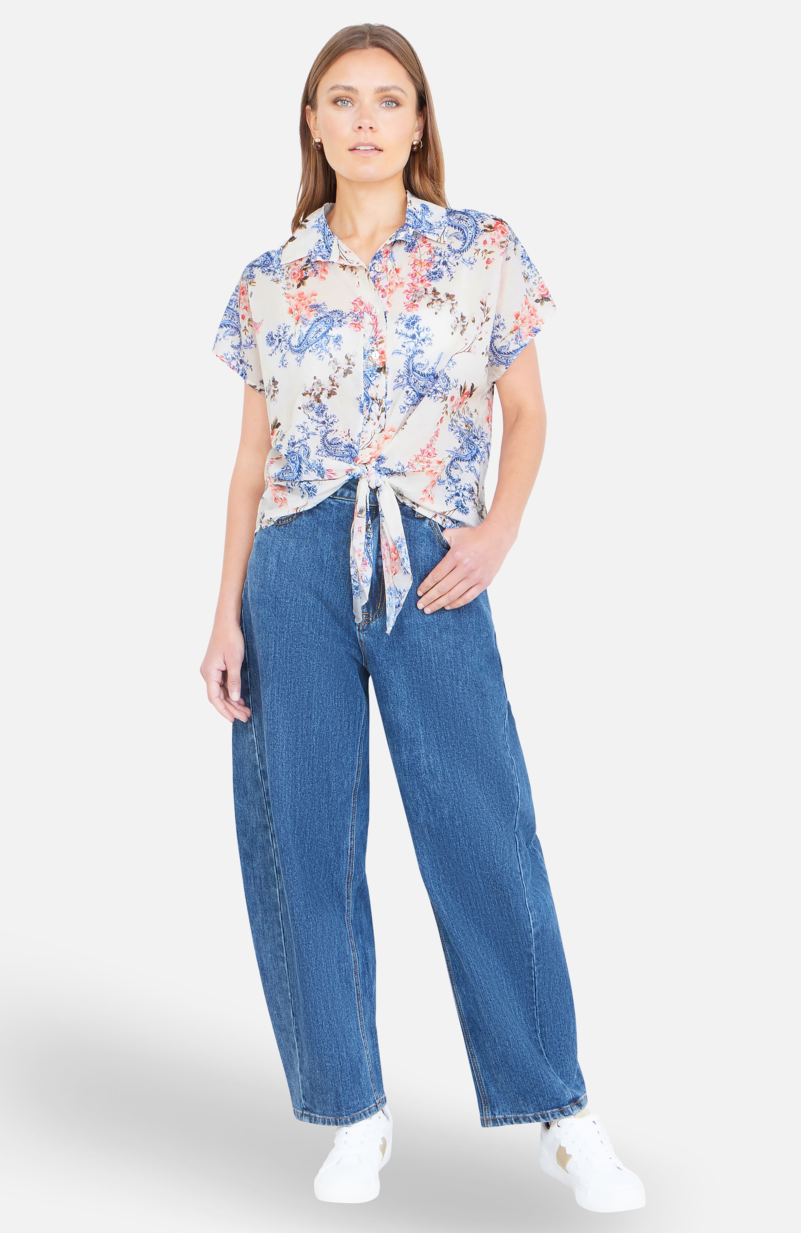 Yumi White Cotton Paisley Print Tie Knot Shirt