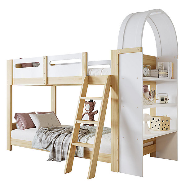 Lit superposé enfant,90x200x160cm,blanc naturel,étagère 3 niveaux barrière sécurité échelle 3 marches lattes pin MDF