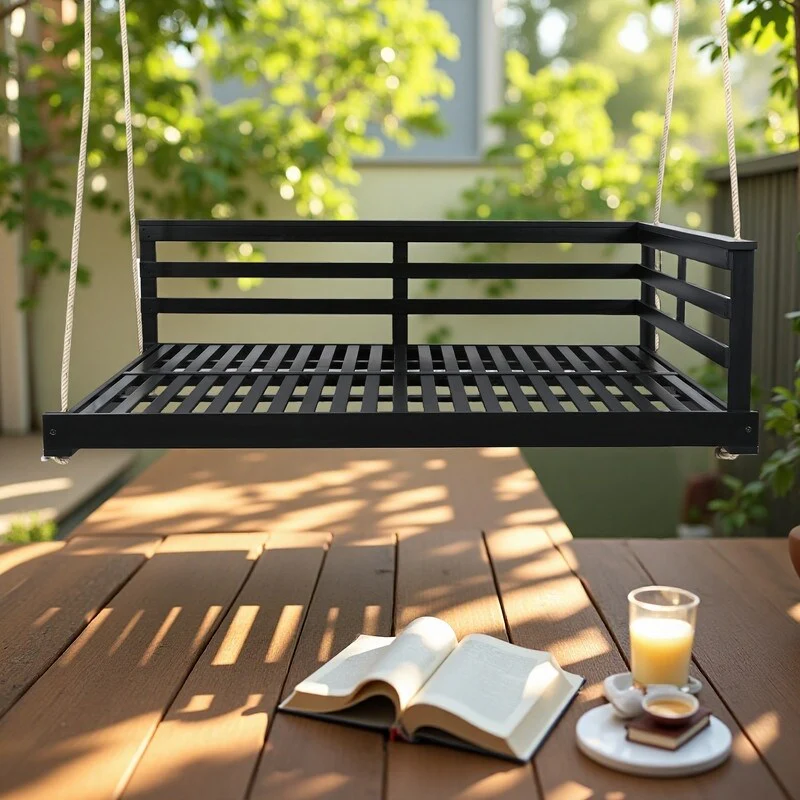 Acacia Wood Outdoor Porch Swings Bed with Hemp Ropes Full Size Porch Daybed, 350lb Capacity