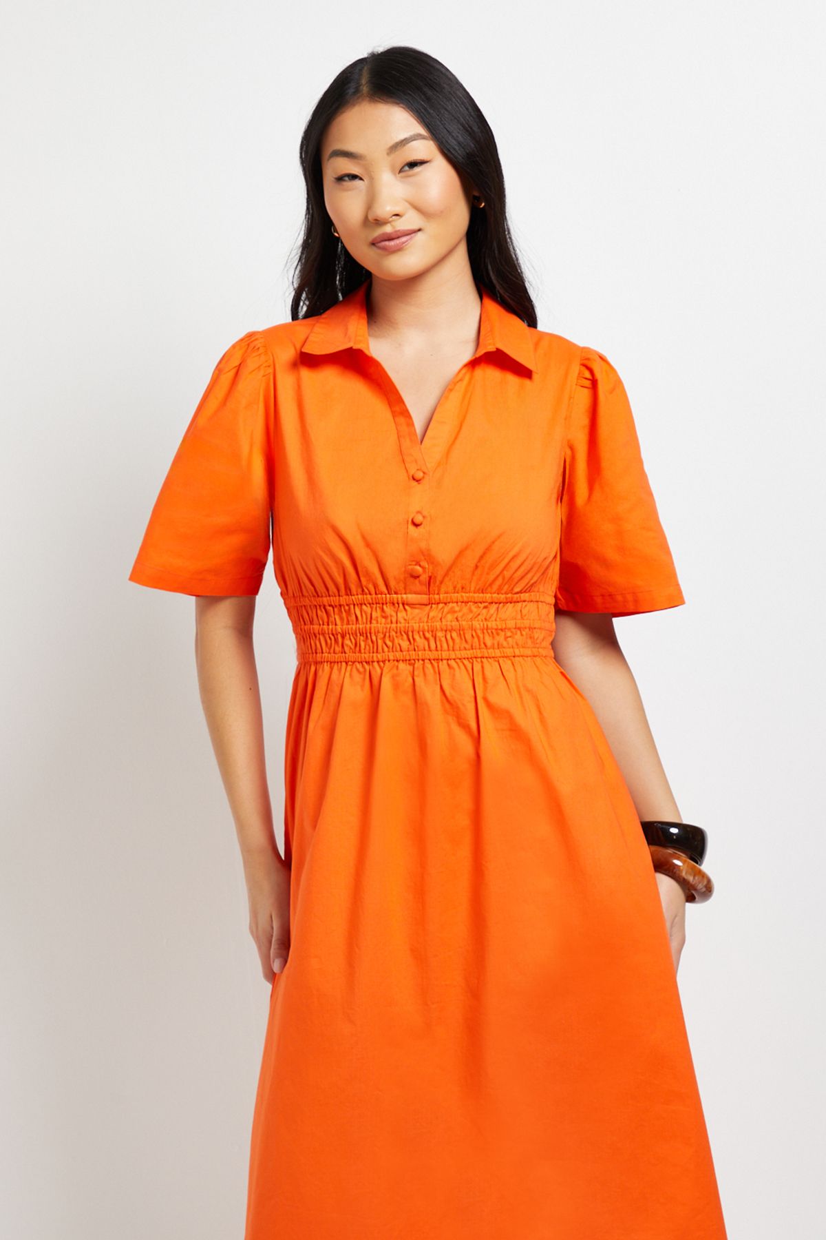 Dorothy Perkins Petite Collar Shirred Waist Detail Poplin Midi Dress
