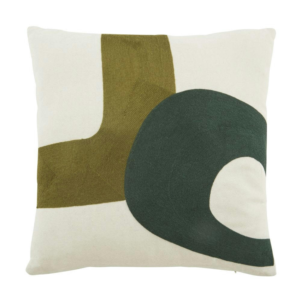 LUCIANO - Coussin texturé motifs brodés géométriques écrus et vert sapin 45x45