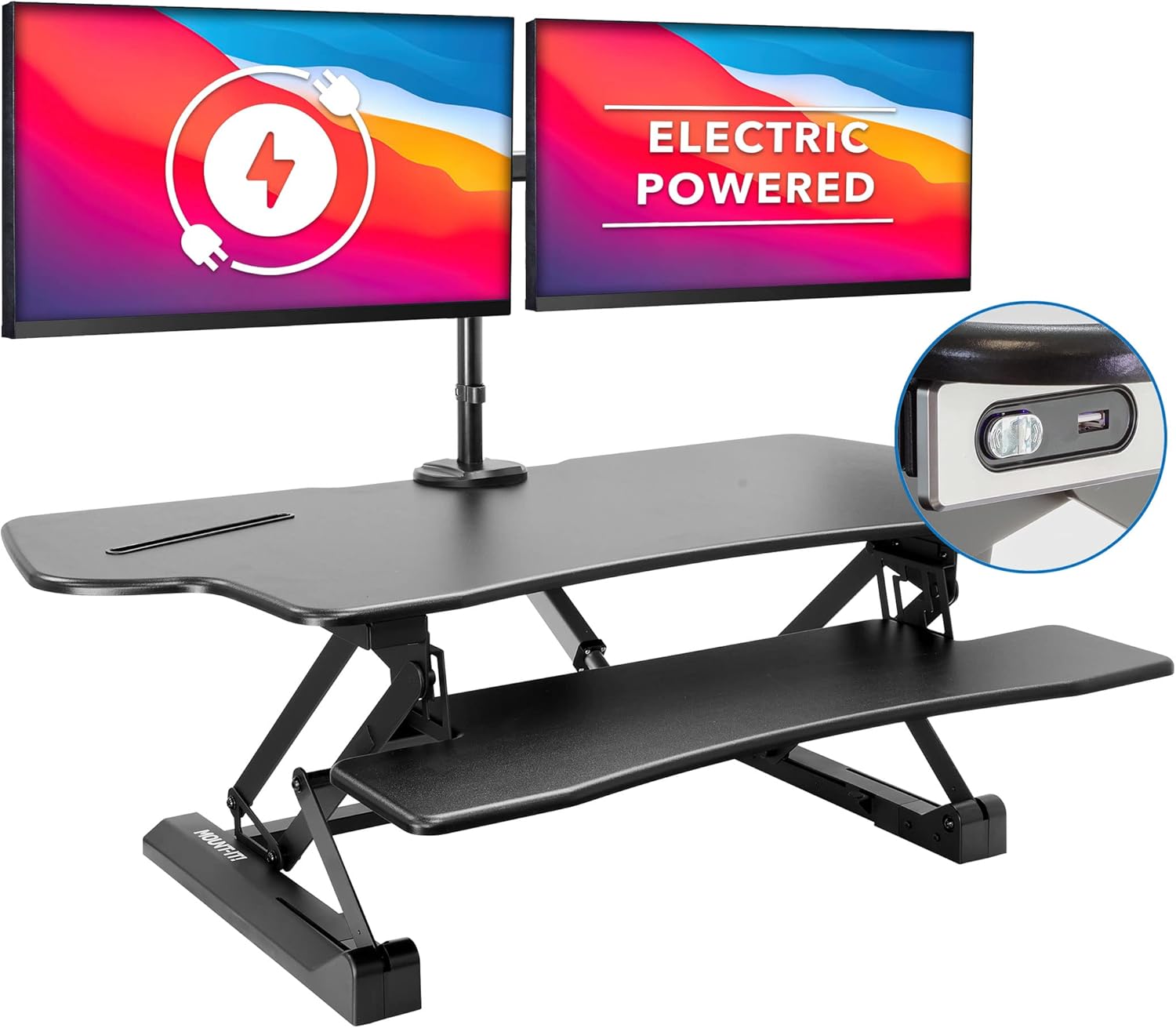 Mount-It! Electric Standing Desk Converter with Dual Monitor Arm, Stand Up Desk Riser X-Large 47.2 Wide, Electric Desk Riser with Mount for 2 Screens (Max 32), Desktop with Keyboard Tray, USB, Black