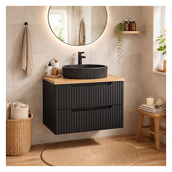 Ensemble de salle de bain VANO 80cm : meuble sous vasque à tiroirs noir mat rainuré et plan pour vasque aspect chene clair