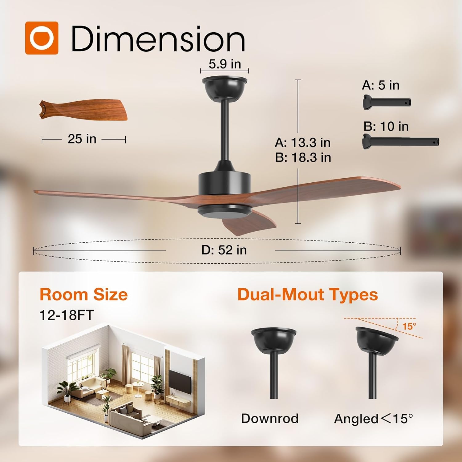 addlon 2 Pack 52 inch Ceiling Fan No Light, Black Ceiling Fans with Remote Control, Reversible, 3 Wood Blades, 6 Speeds, Noiseless, Wood Ceiling Fan without Light for Indoor/Outdoor Use