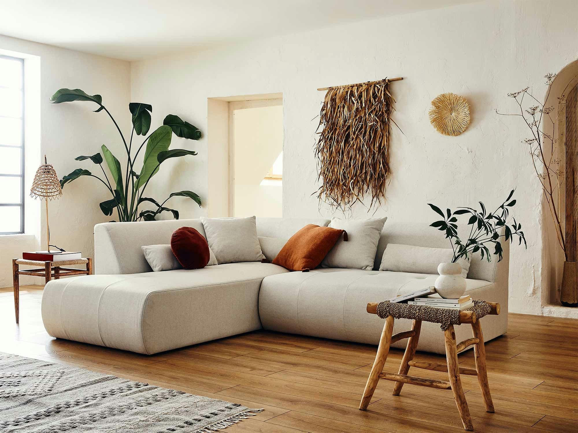 ONYX - Canapé modulable 5 places angle gauche en tissu beige