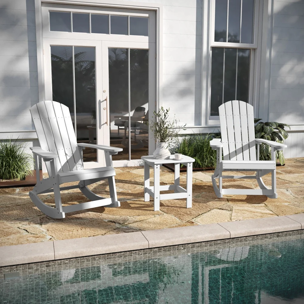 Set of 2 Poly Resin Adirondack Rocking Chairs with 1 Side Table
