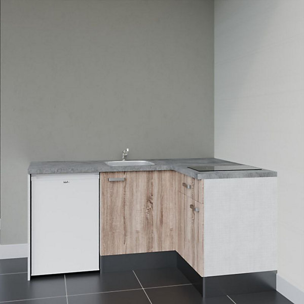 Kitchenette KA01 façades Bois - Plan de travail Gris béton - Crédences : Non - Evier inox - Electroménager Blanc inclus