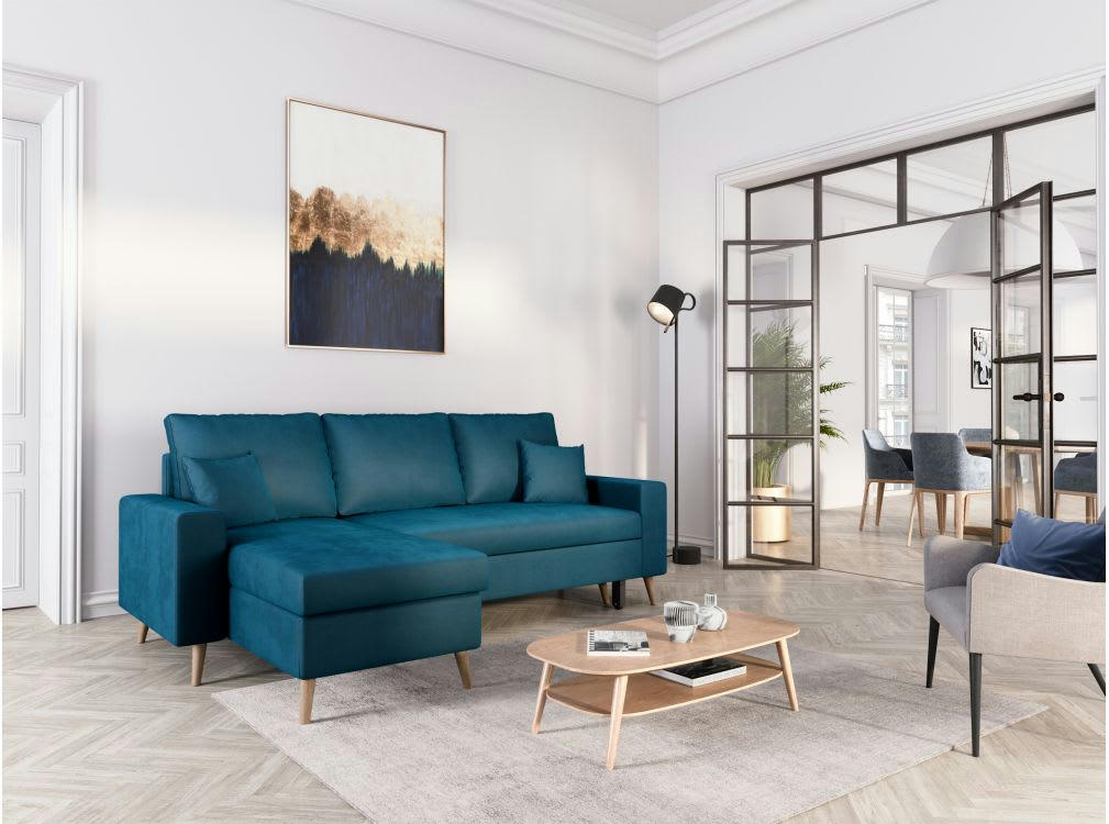 MARIA SCANDINAVE - Canapé d'angle convertible 3 places scandinave en velours - Bleu
