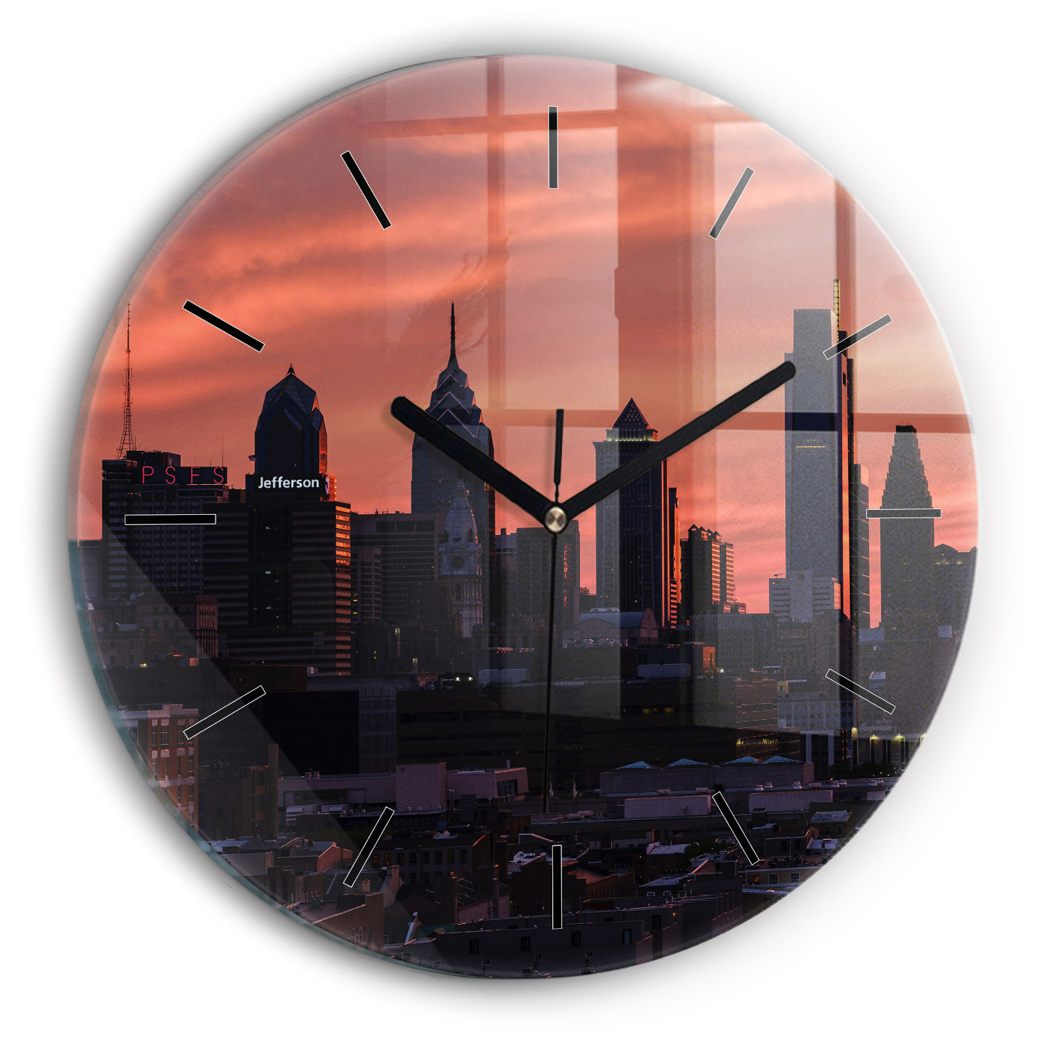 Zegar szklany ścienny do salonu Panorama miasta Philadelphia