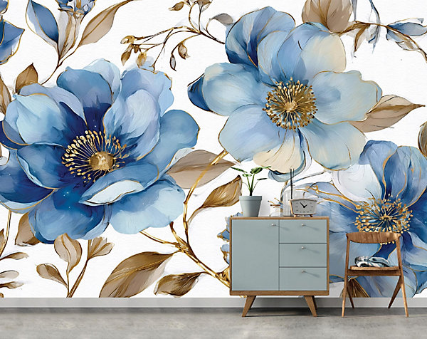 Papier Peint Panoramique Intissé Fleurs Feuilles Bleu - 300x210 cm - Papier Peint Chambre et salon