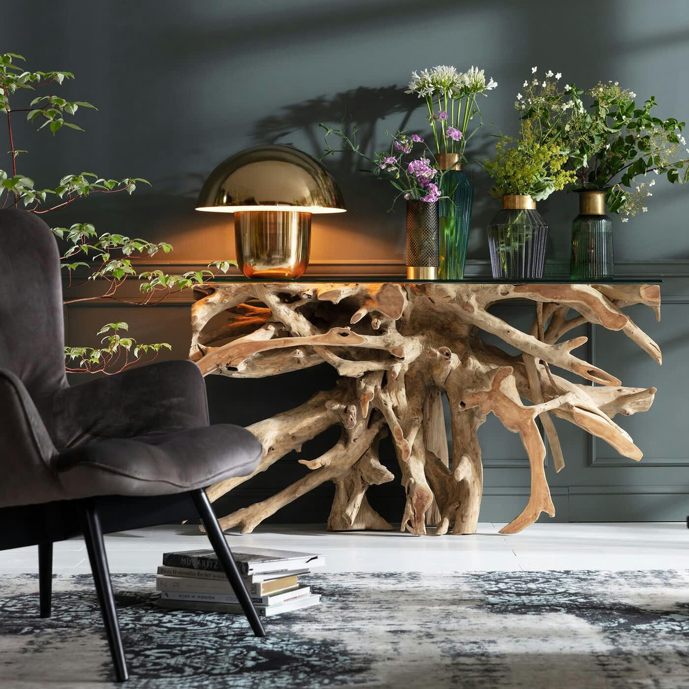 ROOTS - Console en teck flotté et verre