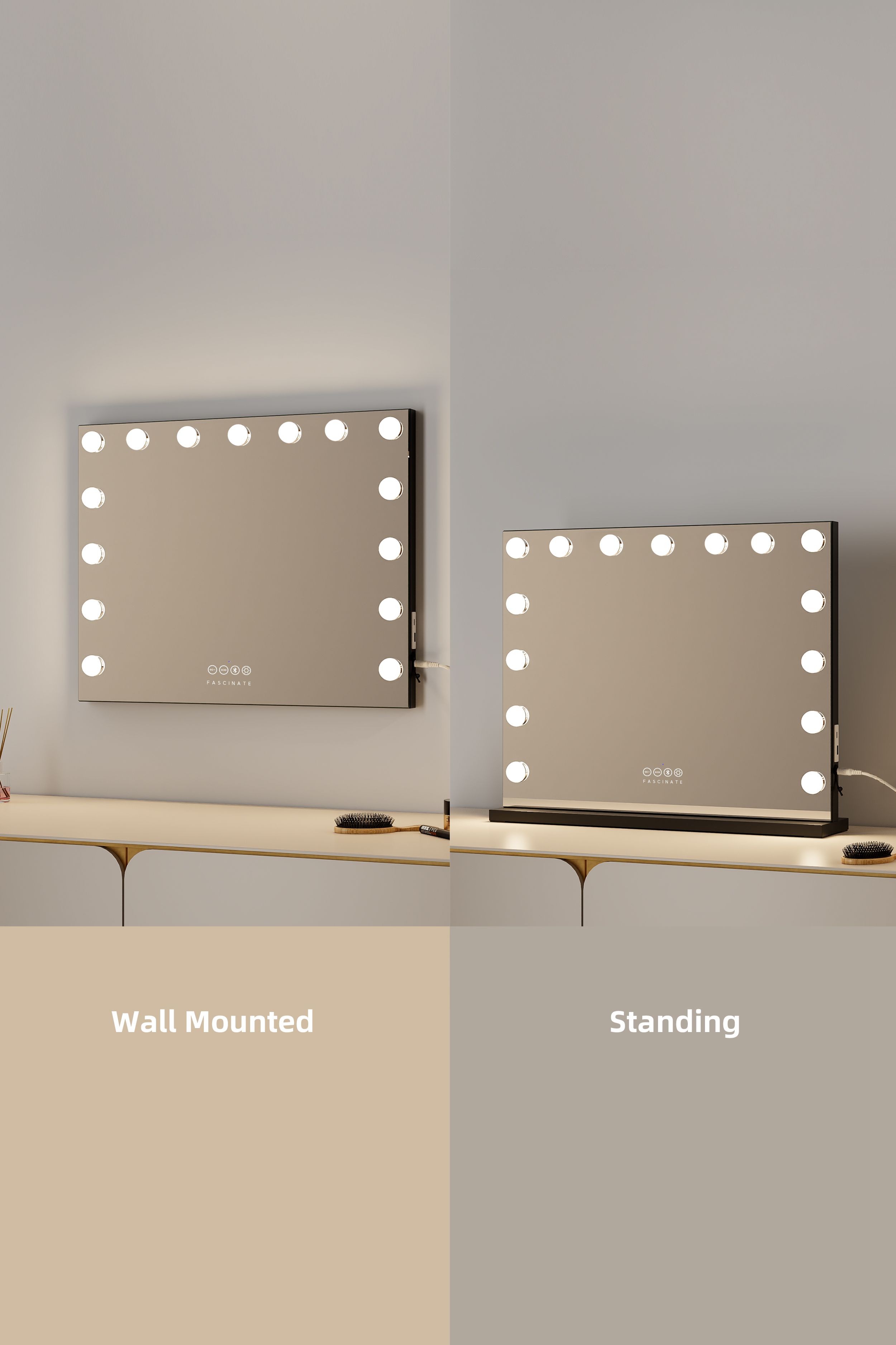 Fascinate Industrial Hollywood Mirror – 58x48cm Black, Bluetooth & Speaker Phone, 15 LED