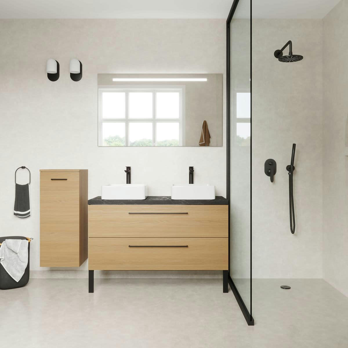 GLASGOW - Meuble salle de bain 2 vasques posées 120cm 2 tiroirs Chêne