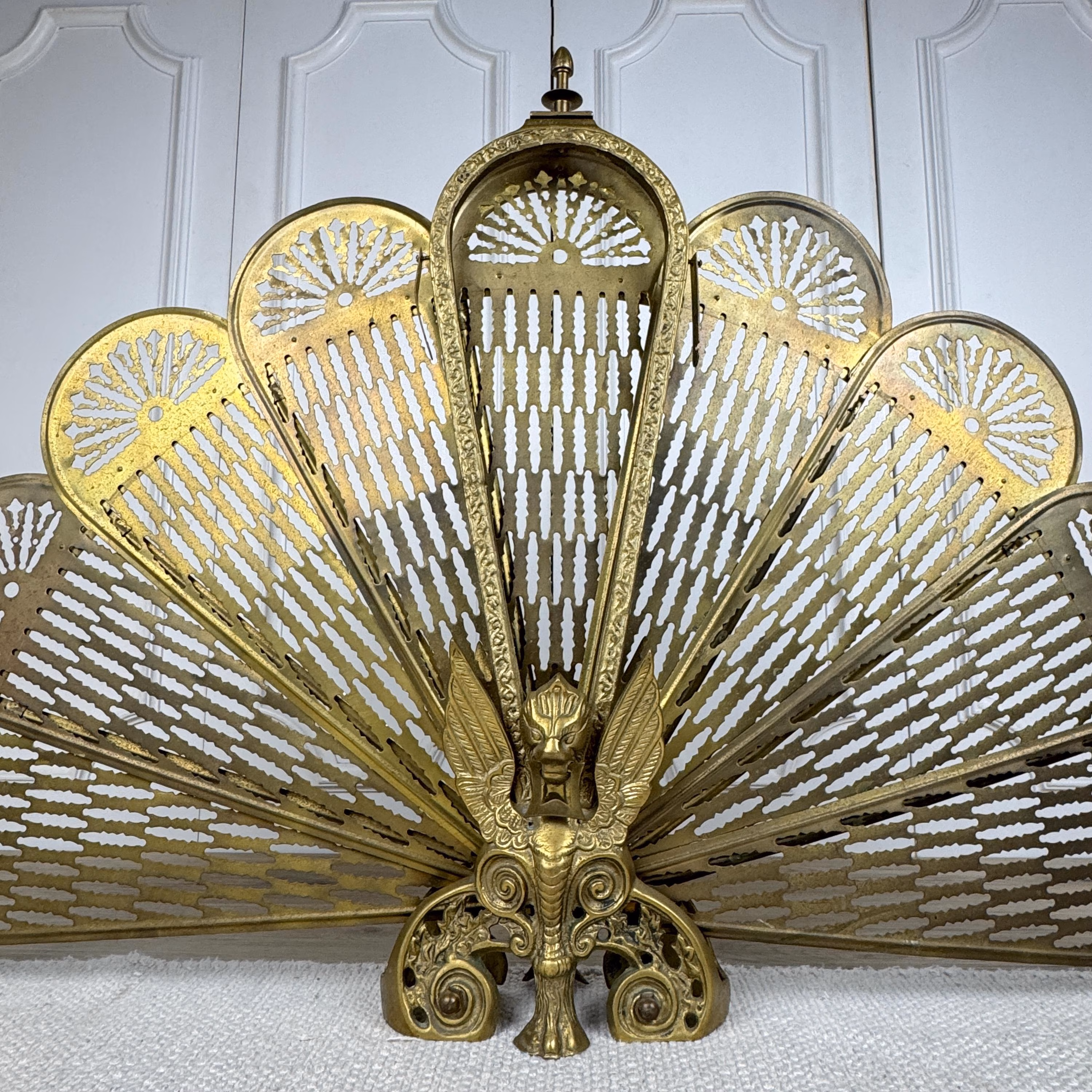 Vintage Brass Peacock Fireplace Screen, 37-3/4