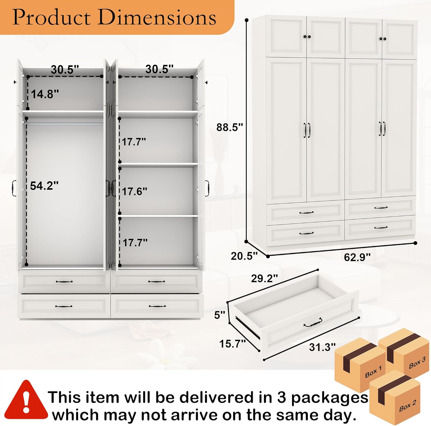 Armoire Wardrobe Closet with Drawers: 63 Large White Wood Wardrobe Closet with 4 Doors and 4 Drawers, Modern Clothes Storage Cabinet for Bedroom Armoire with Shelves (63)