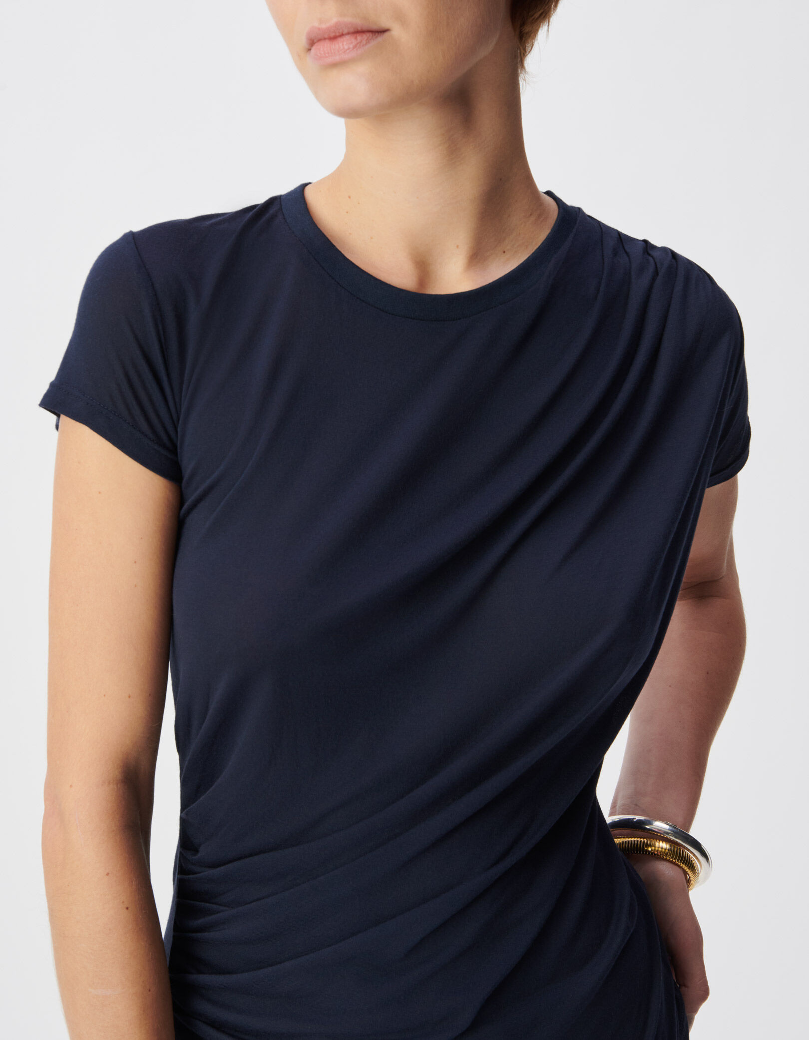 Tee-shirt manches courtes marine fronces côtés Femme