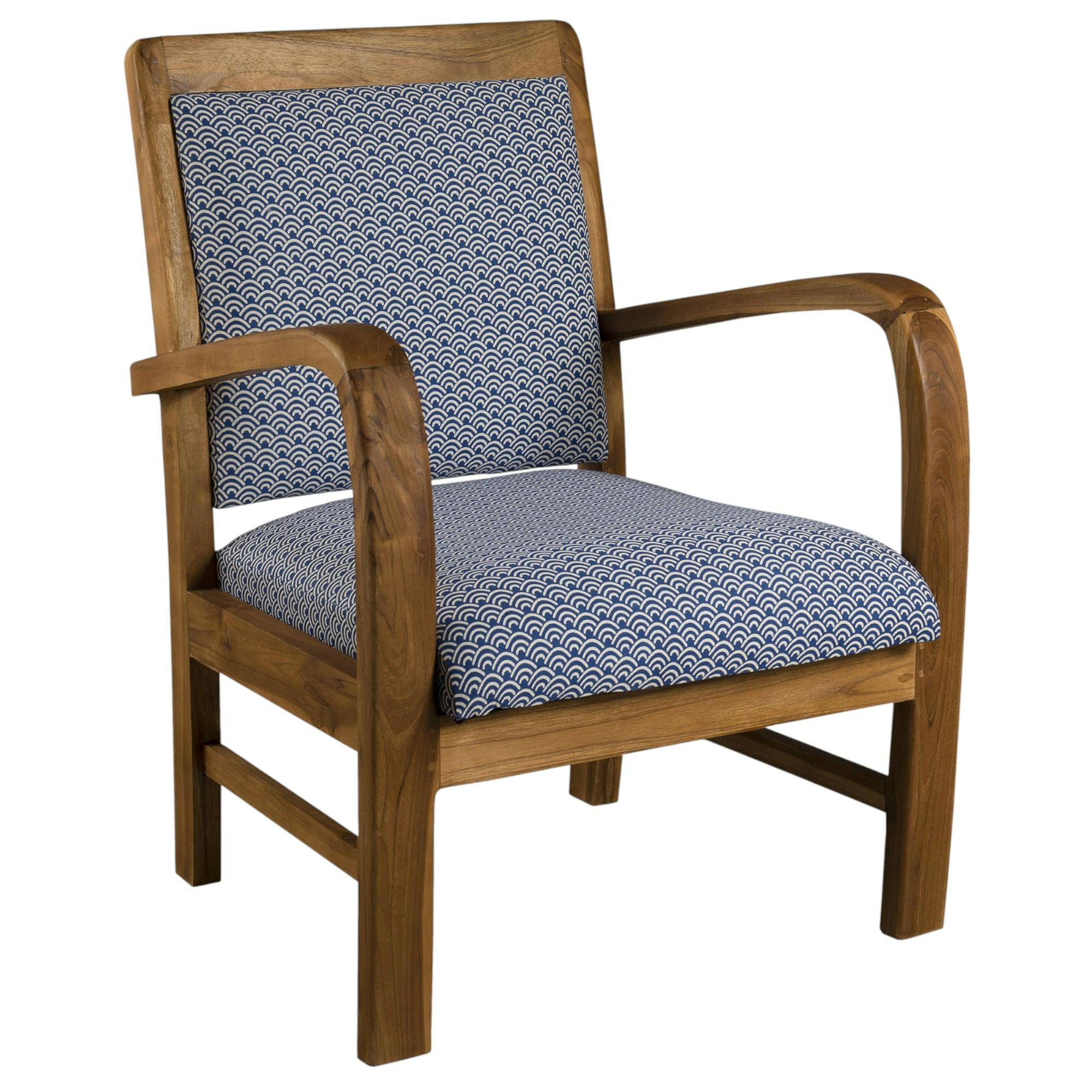 Fauteuil Teck assise tissu coton bleu motifs traditionnels vagues Seigaiha 61x63x81cm DIKA