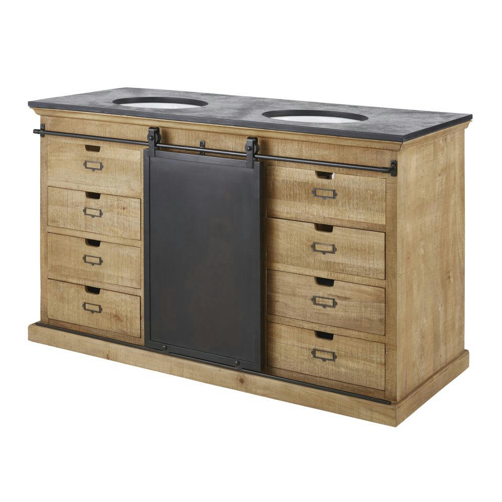 Germain - Meuble double vasque 1 porte 6 tiroirs en manguier massif, pierre aspect ardoise et métal patiné et vieilli
