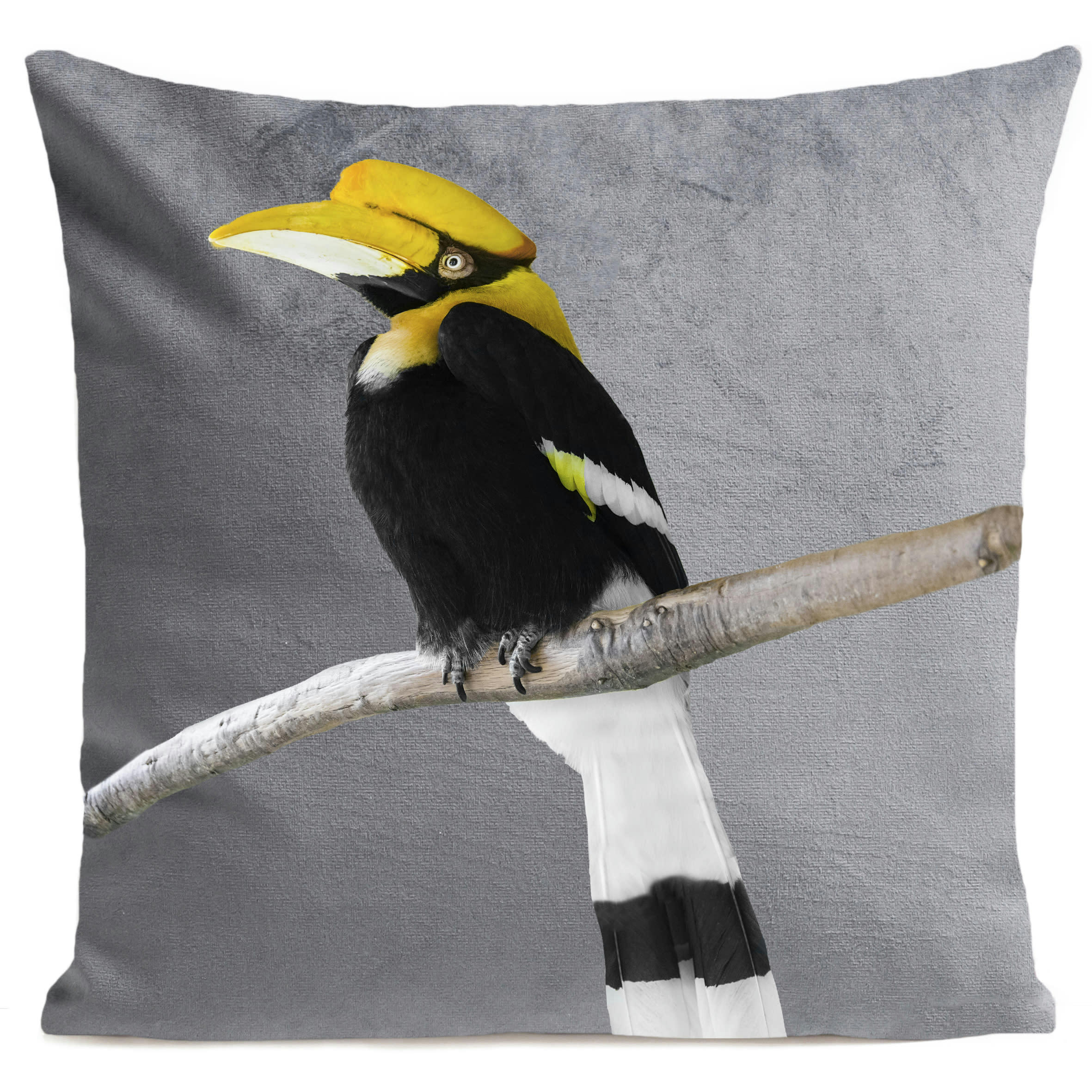 - Coussin tropical oiseau calao suédine gris 40x40cm